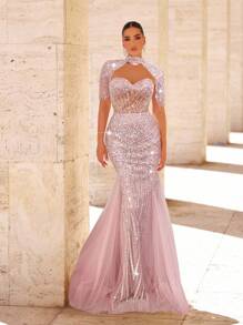 Glamrae Váy đuôi cá lưới đính cườm và sequin sang trọng thanh lịch với thiết kế tay tua rua, thích hợp cho đám cưới, tiệc tùng, vũ hội, tiệc tối (được trang trí nhiều chi tiết) - Bụi hồng - Xem 6