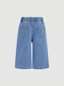 SHEIN Jeans pattes d'éléphant blanc avec nœud blanc et fausses perles blanches pour bébé fille. Tenue de plage pour fillettes, style de rue occidental, pantalon en jean pour festival rave, style années 2000 - Jean clair - Voir 2