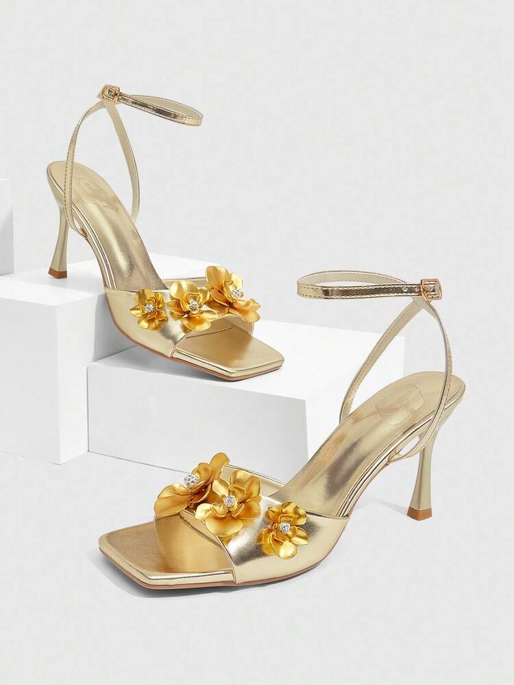 CUCCOO SZL Women's Metal Flower Pointed Toe Stiletto Heel Sandals With Ankle Strap, Shallow Gold Color PU Metal Material Sexy High Heel Sandals