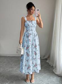 Selianne 春夏季女士最新花卉优雅腰部褶皱长裙 - 淺藍色 - 查看 6