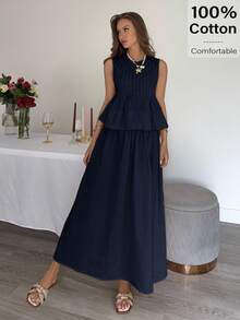 Siren Gaze 奢华纹理 A 字形褶皱抗皱长裙 - 藏蓝色 - 查看 5