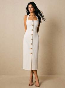 Poéselle Ivory Tweed Halter Midi Dress With Gold Rose Buttons | Elegant Column,Tweed Midi Dress, Halter Neck Dress, Bodycon Dress, Gold Button Dress, Quiet Luxury Style,Women's Elegant Front Button Backless Bodycon Dress, Summer,Suitable For Daily Wear, Going Out, Commuting, Dating, Weddings, Parties, Vacations And Other Occasions,Fall Women Clothes White Dresses Classy Elegant - White - View 8