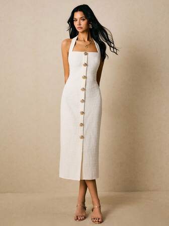 Poéselle Ivory Tweed Halter Midi Dress With Gold Rose Buttons | Elegant Bouclé Column,Tweed Midi Dress, Halter Neck Dress, Boucle Bodycon Dress, Gold Button Dress, Quiet Luxury Style,Women's Elegant Front Button Backless Bodycon Dress, Summer,Suitable For Daily Wear, Going Out, Commuting, Dating, Weddings, Parties, Vacations And Other Occasions,Fall Women Clothes ,Poeselle,White Dresses Classy Elegant