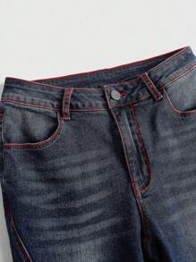 Betty Boop | ROMWE Y2K摩托车卡通人物和美国国旗刺绣喇叭低腰牛仔裤 - 藍色 - 查看 3