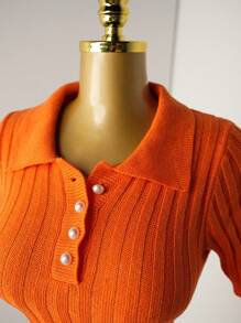 Mistrie Women's Knit Pearl Button Ribbed Orange Pleated Mini Dress, Short Sleeve Sexy Bodycon Minimalist Sweater Dress - Orange - View 4