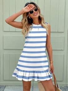 EMERY ROSE 休闲简约度假风格浅蓝色条纹全身印花女式迷你连衣裙，适合春夏季