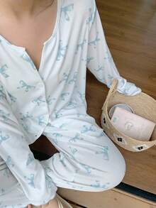 Dazy Plus Bowknot Floral Print Loose Long Sleeve Top & Pants Pajama Set, Casual Sleepwear For Women Plus Size, Fall Clothes - White - View 5