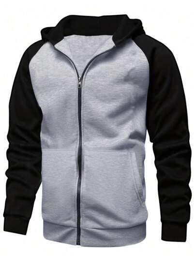 SHEIN 青少年男孩拼色插肩袖修身拉链夹克，休闲学院风，舒适时尚，百搭实用，柔软面料适合日常穿着、上学、郊游、户外活动、秋冬季