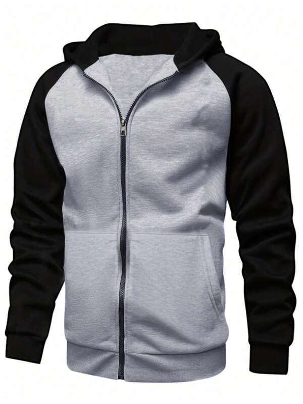 SHEIN Teen Boys' Colorblock Raglan Sleeve Fitted Zip Up Jacket, Casual College Style, Comfortable & Fashionable, Versatile & Practical, Soft Fabric Suitable For Daily Wear, School, Outings, Outdoor Activities,In Fall/Winter