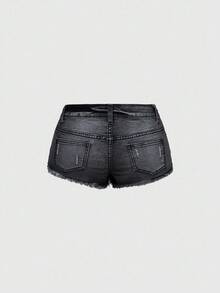ROMWE Grunge Punk Y2K Baddie 4th Of July Distressed Vintage Wash Ultra Low Rise Denim Shorts With Rhinestone American Flag - Black - View 2