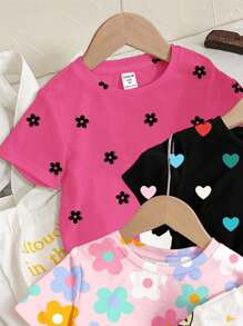 SHEIN Happikins 4pcs/Set Young Girl Casual Basic Round Neck Short Sleeve T-Shirts, Suitable For Spring & Summer, School, Campus, College - Multicolor - View 5