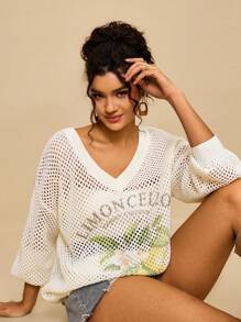 SHEIN VCAY Suéter de punto con estampado de limón y calado, ropa de otoño e invierno para mujer de talla grande - Beis - Ver 4