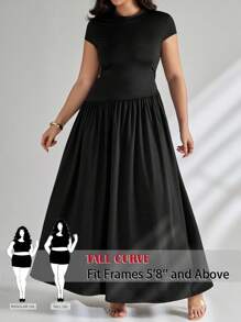 SHEIN Tall CURVE 大码女式纯色立领飘袖褶皱优雅连衣裙 - 黑色 - 查看 1