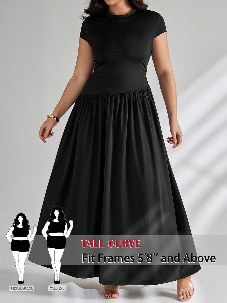 SHEIN Tall CURVE 大码女式纯色立领飘袖褶皱优雅连衣裙 - 黑色 - 查看 1