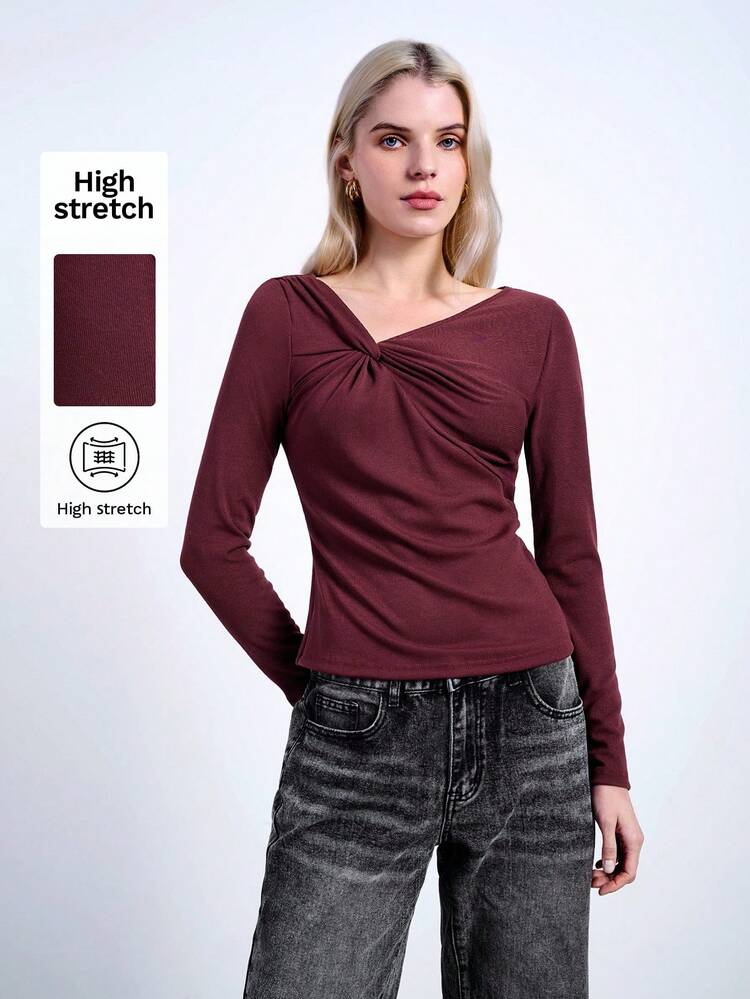 SHEIN Maija 女性用バーガンディー非対称ツイストカラー長袖フィットTシャツ、ファッショナブル、セクシーでエレガント、多用途なカジュアル デイリーウェア フェスティバル