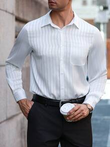 Manfinity Bizformal 男士条纹长袖单排扣口袋休闲宽松衬衫男白色条纹衬衫白色条纹衬衫男男士白色细条纹衬衫男条纹衬衫白色细条纹衬衫男白色 - 白色 - 查看 3