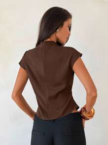 Aloruh Women's Stand Collar Coffee Color Metal Button Decor Office Shirt