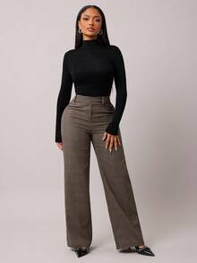 SHEIN SXY Quần ống đứng kẻ caro mới thu đông cho nữ cỡ lớn - màu nâu - Xem 3