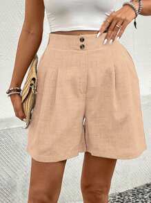 SHEIN LUNE Women's Casual Solid Color Loose Shorts With Side Pockets, Summer - Ginger - View 3
