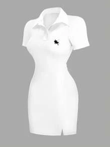 INAWLY Elegant Embroidered Casual Polo Collar Fitted T-Shirt Dress