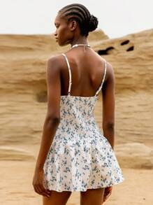 Lumivelle 女式印花弹力褶皱V领吊带背心迷你连衣裙/夏季沙滩裙 - 彩色 - 查看 2
