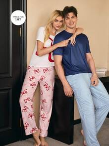 CoupledUp Contrast Stripe Print Men's Pajama Set Including Short Sleeve Tops And Bottoms Couple Pajama Sets Couple Pjs Summer Sleep Wear Sets Men Sleepwear Men Pjs Set - Multicolor - View 5