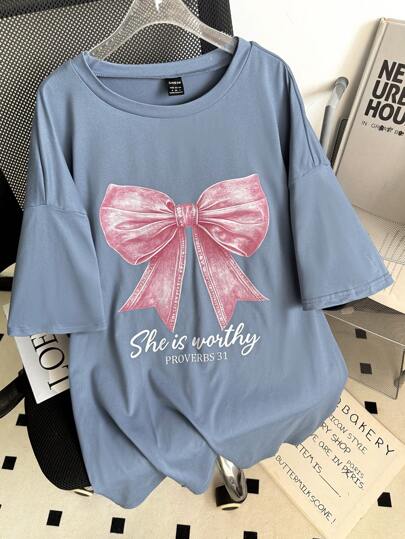 INAWLY 女士休闲蝴蝶结印花圆领短袖T恤，夏季百搭