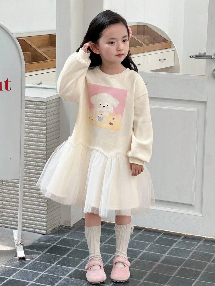 Young Girls Round Neck Knitted Fleece Printed Contrast Mesh Dress, Fall,Winter