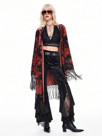 Hippie Women Casual Vintage Floral Pattern Tassel Decor Hippie Cover Up, Long Sleeve