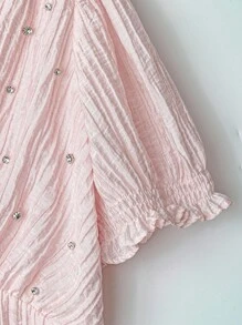 Franclia Pink Ruched Rhinestone Embellished V-Neck Puff Sleeve Cinched Waist Blouse Clothes For University - Pink - View 5