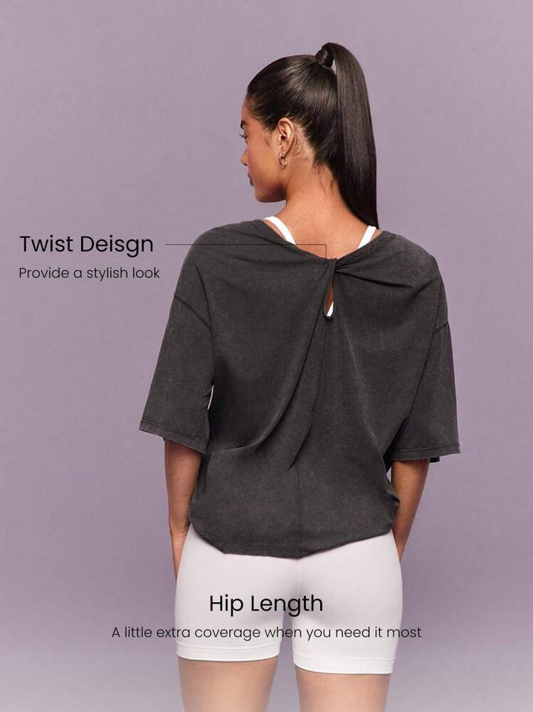 GLOWMODE Camiseta de cuello redondo con bolsillo delantero, de algodón pima lavado vintage, de manga media, elástica, transpirable y de uso diario casual de bajo impacto - Gris Oscuro - Añade 3