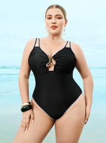 Swim Oasis Plus Size Women's Black One-Piece Swimsuit With Dual Straps & Ruffle Trim, Paired With Black Mesh Skirt, 2pcs Set For Beach Vacation For Summer
