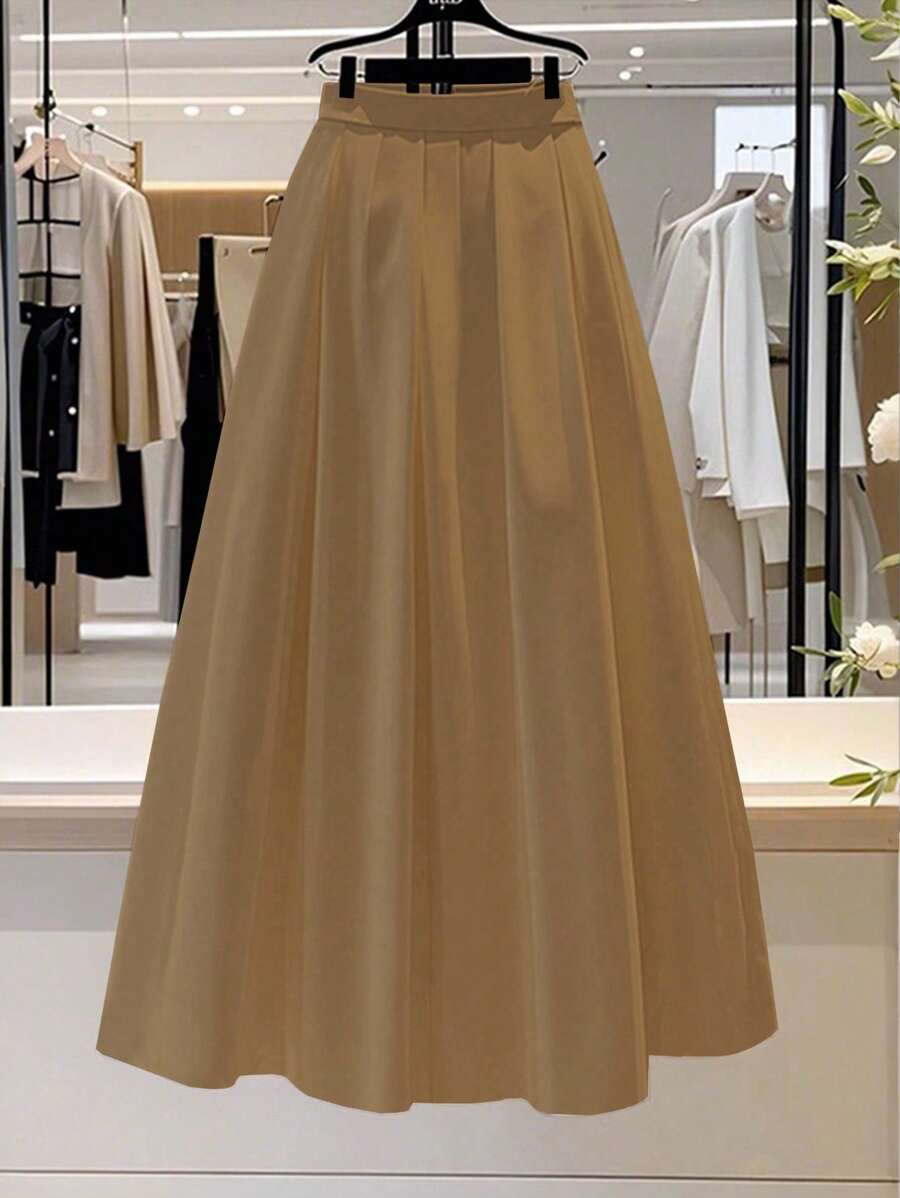 Franclia 女士纯色休闲通勤A字百褶裙，美拉德褶裥设计，适合春季大学校园穿着。 - 咖啡棕 - 查看 1