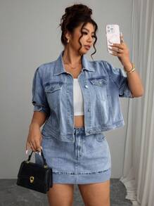 Elenzga 大码浅色水洗休闲牛仔夹克 - 淺色水洗藍 - 查看 1