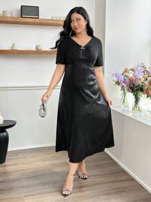 Modelyn Große Größen Kleid mit Metallschnalle, Schleife, elegante romantische glänzende Stoffe, A-Linie