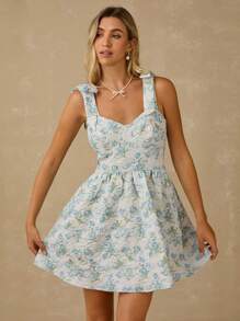 Enchnt Vestido mini de princesa romántico con estampado de flores jacquard en azul pastel, cuello de corazón y lazo en los hombros, dulce y elegante para vacaciones, citas, fiestas, graduación, invitada de boda y playa. Vestidos de verano elegantes para mujeres. - Multicolor - Ver 6