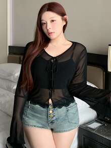 Dazy Plus 女式透视短款系带长袖罩衫 - 黑色 - 查看 5