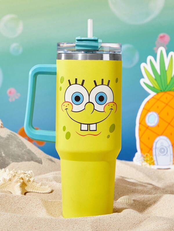 SpongeBob SquarePants X SHEIN 1200ml / 40oz Edelstahl Trinkflasche, Hält Wasser kalt, Mit Strohhalm, Geeignet für Heißwasser und kalte Getränke