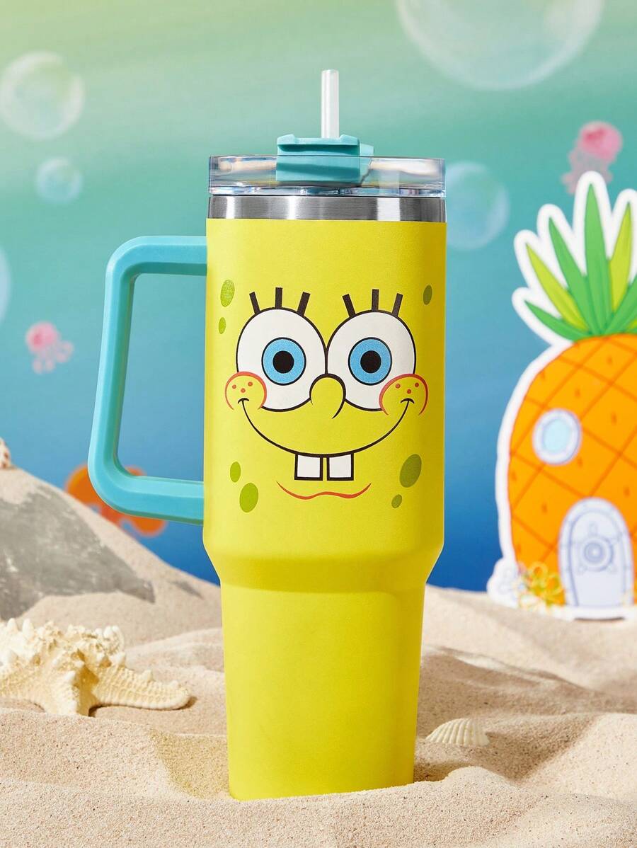 SpongeBob SquarePants | SHEIN 1200 Ml / 40oz Stainless Steel , Keep Cold Water Bottle, With Straw, Suitable For Hot Water And Cold Drink - Yellow - View 1