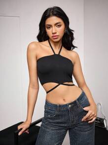 SuitURBody Women's Black Knitted High Stretch Halter Criss Cross Backless Plain Crop Top Casual Comfy Style - Black - View 1