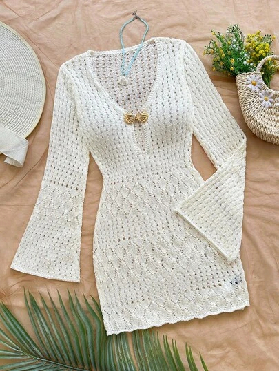 Soleia 女士纯色V领插肩喇叭袖镂空休闲金属扣装饰毛衣裙白色钩针连衣裙白色长袖沙滩裙秋冬