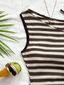 Soleia 女式度假红白条纹针织不对称领口修身上衣，适合派对、圣诞节、约会、海滩、巡游、狂欢节、夏季条纹背心针织背心夏季针织上衣女式夏季上衣女式针织上衣 - 彩色 - 查看 3