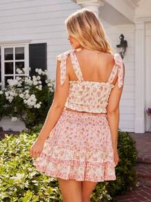 WESTFADE Mixed Floral Print Square Neck Smocked Bow Tie Straps Ruffle Crop Top Country Cute Summer Tops Beach Vacation