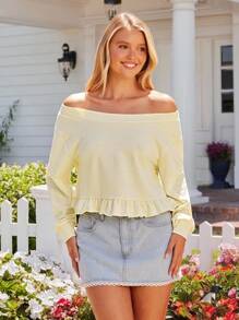 WESTFADE 奶油黄色水洗法式毛圈布不对称领口蝴蝶结刺绣袖口荷叶边下摆短款运动衫秋季乡村音乐会 - 黃色 - 查看 5