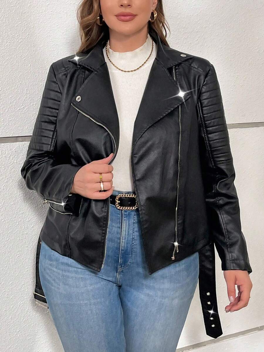 SHEIN Privé Plus Size Elegant Casual Personalized High Street Music Festival Long Sleeve Blazer Lapel Pocket PU Embossed Jacket, Suitable For Holiday, New Year, Party, Elegant Office Wear In Fall/Winter - Black - View 1
