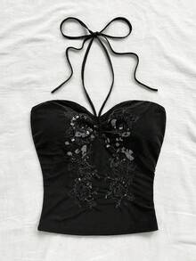 Soleia Party Women's Vacation Casual Sequin Embroidery Backless Halter Top