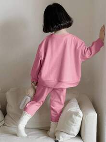 DAZY 2pcs/Set Young Girls Round Neck Letter Print Outfit, Fall - Pink - View 2