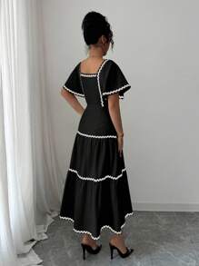 Rafferiza 女式方领泡泡袖纹理法式度假荷叶边下摆连衣裙，优雅奶油黄色