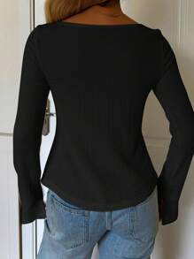 SHEIN EZwear Women's Regular Length Flare Sleeve Top In Black With Chic Front Bow And Slit Hem Bow Tops - Black - View 2