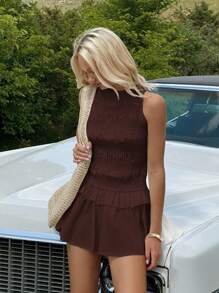 SHEIN EZwear 棕色亚麻荷叶边下摆休闲度假迷你连衣裙 - 棕色 - 查看 2